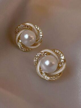 Gold Pearl Knot Stud Earrings - Elegant White Pearls